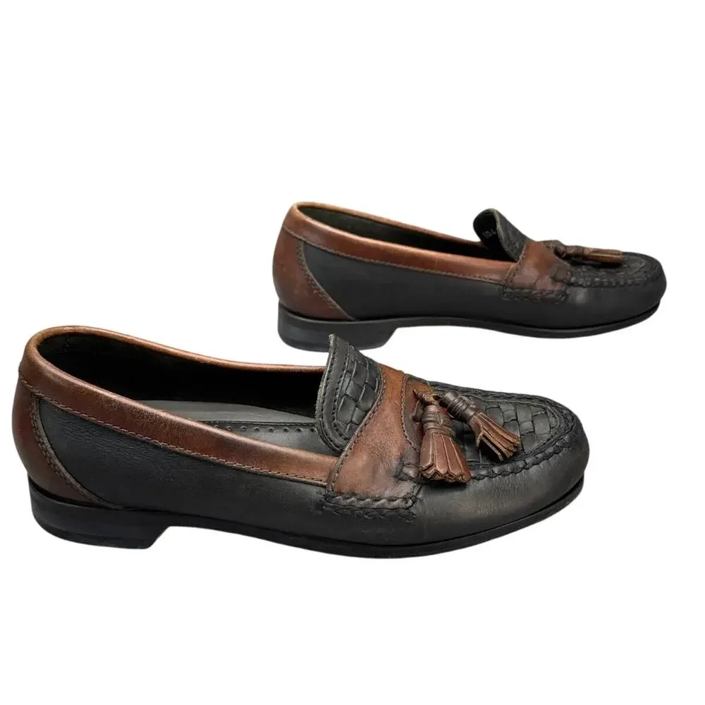 Johnston & Murphy Hayes Black Brown Leather Woven Tassel Slip-On Loafers Men 8